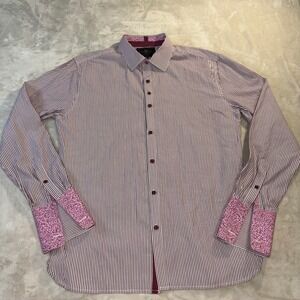 Marc Ecko Cut & Sew Mens Large Burgundy White Striped Button Down Floral Shirt